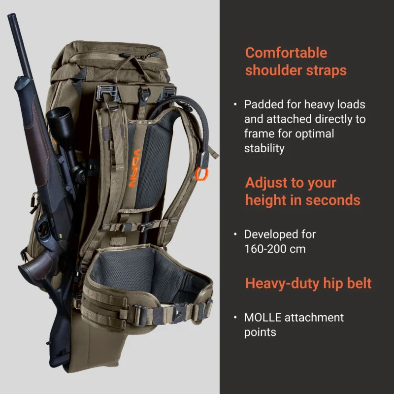 Vorn EV45 harness: padded shoulder straps fixed to the frame, height adjustment for 160-200 cm and a heavy-duty MOLLE hip belt