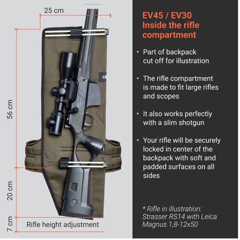 Diagram of the Vorn EV45 and EV30 rifle compartment with dimensions, holding a scoped rifle