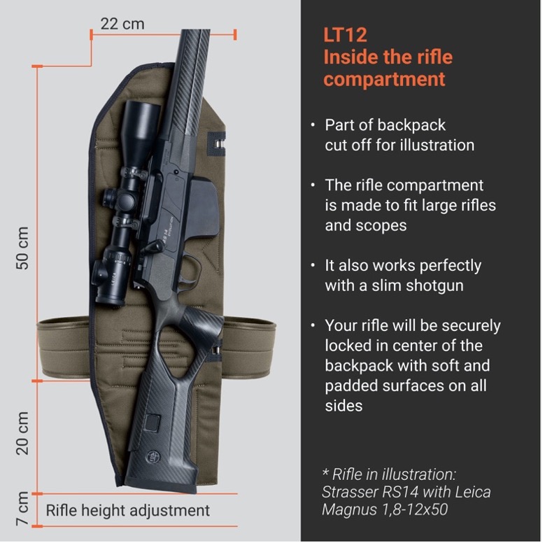 Diagram of the Vorn LT12 rifle compartment with dimensions, holding a scoped rifle
