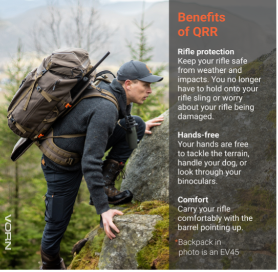 Hunter climbing rocks with a rifle carried in a Vorn EV45 QRR backpack, with the benefits of QRR listed
