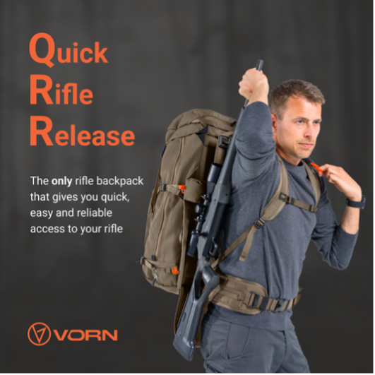 Hunter wearing a Vorn QRR rifle backpack reaching for the quick release handle on the shoulder harness